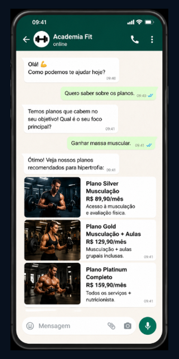Simulação de atendimento WhatsApp — Academia