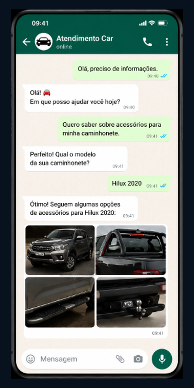 Simulação de atendimento WhatsApp — Concessionária / Acessórios