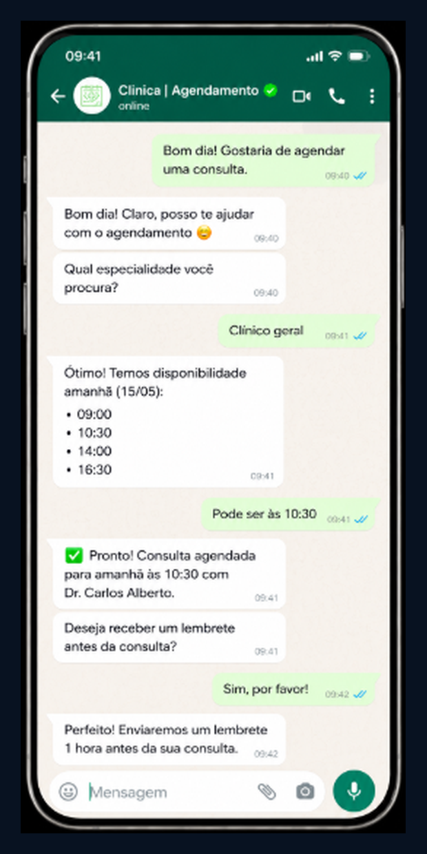 Simulação de atendimento WhatsApp — Agendamento de Consultas